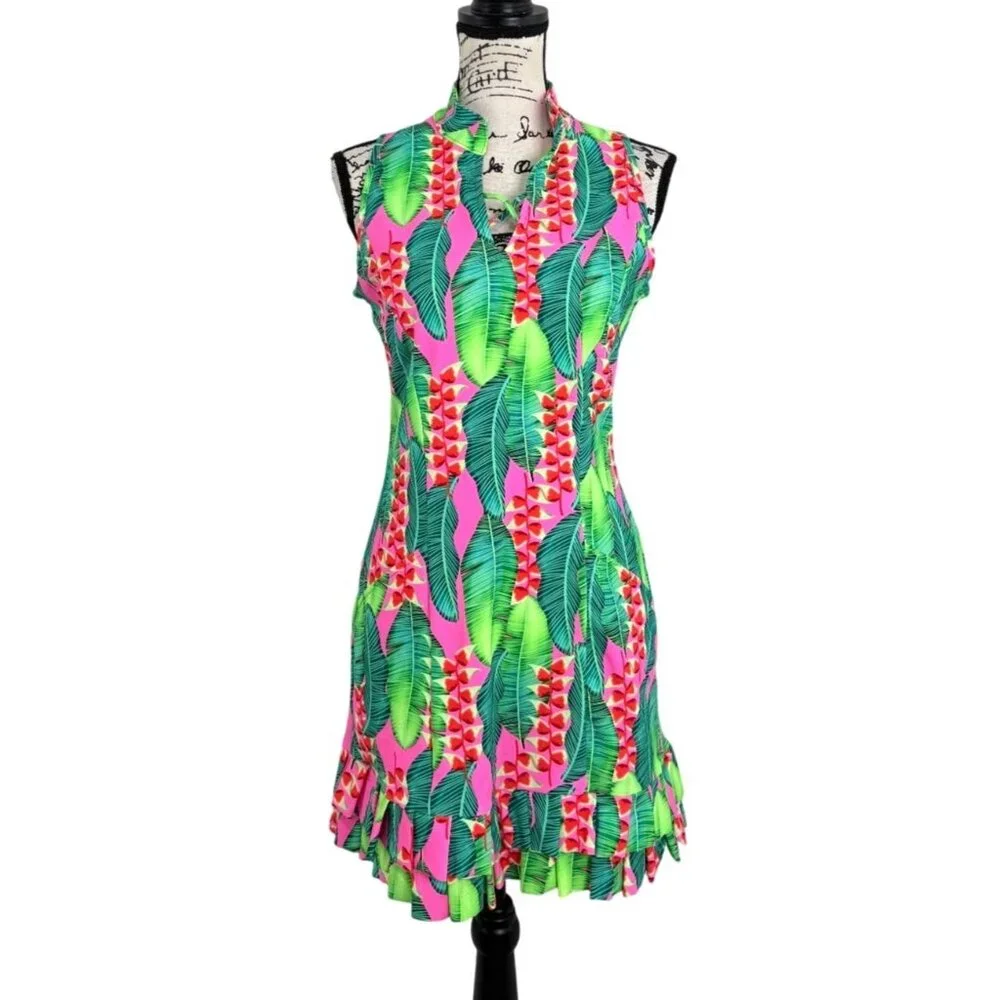 Tzu Tzu Sleeveless Dress Tropical Leaf Print Ruffle-Hem Green Pink USA Size S - Picture 1 of 7